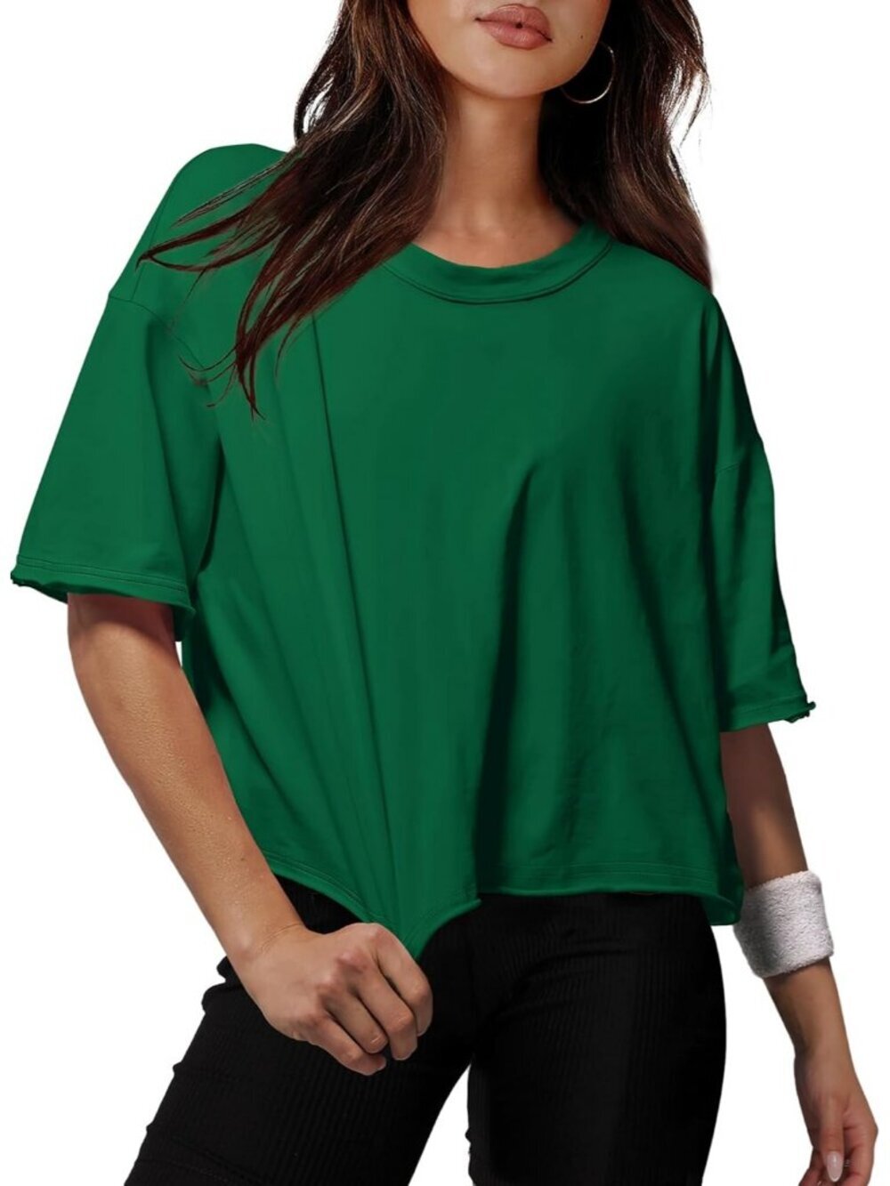 Women's Green Crew Neck Casual Crop Tops Short Sleevess Summer Basic Tees Shirts